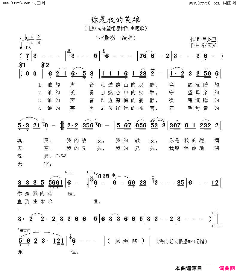 你是我的英雄简谱_呼斯楞演唱_吕燕卫/张宏光词曲
