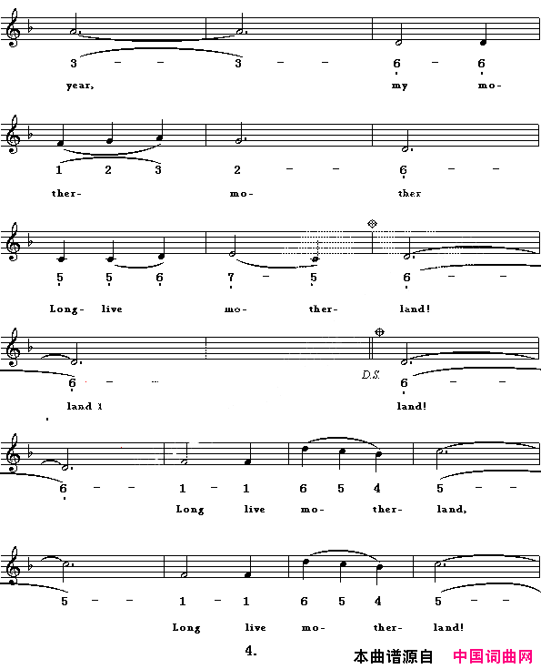 LONGLIVEMOTHERLAND祖国万岁英译中文歌曲、线简谱混排版简谱