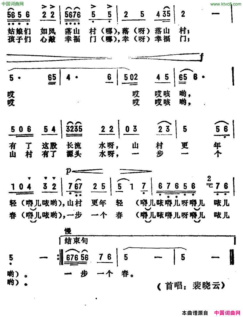 山寨有了源头水简谱_裴晓云演唱_张名河、普烈/凤举词曲