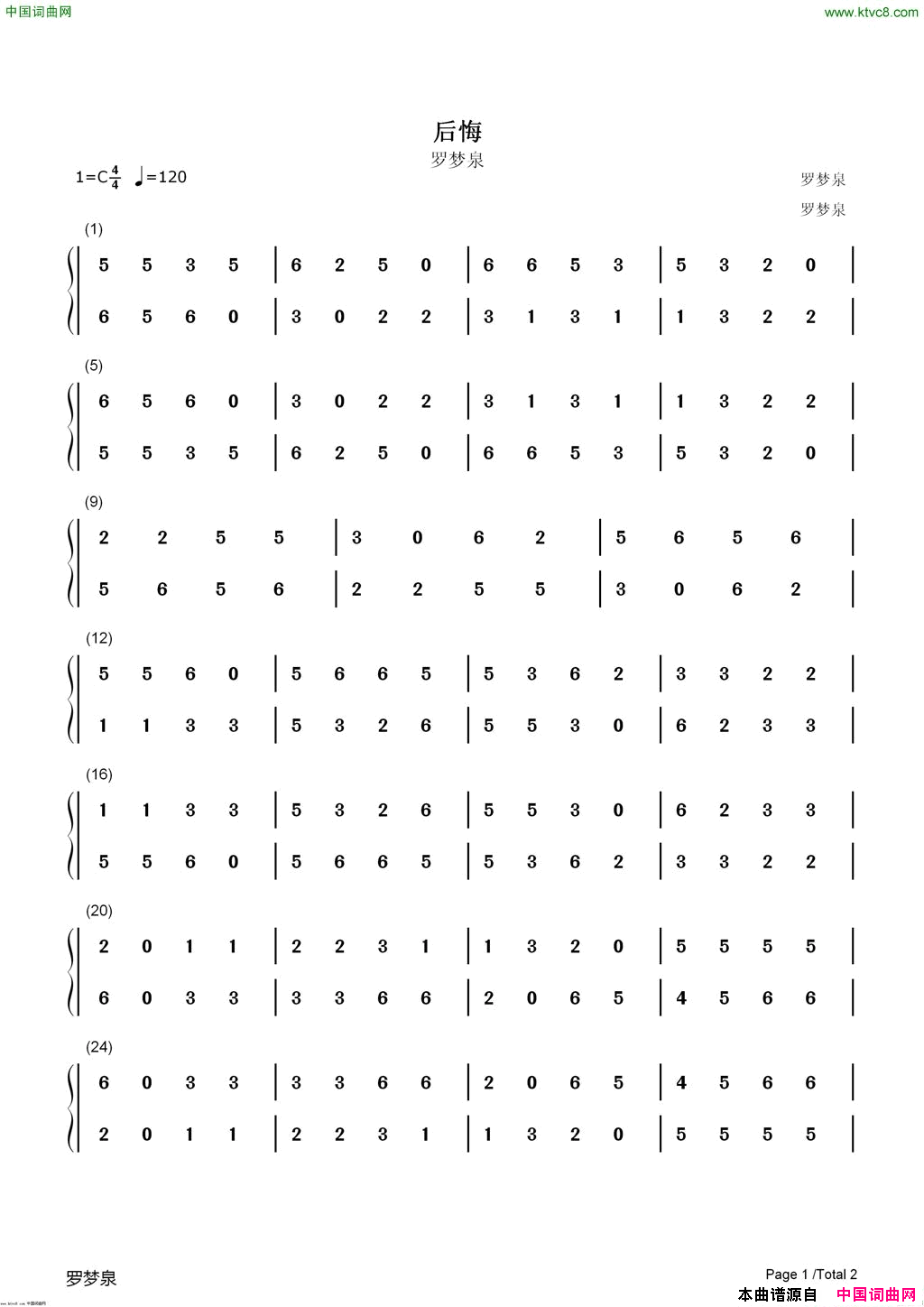 后悔罗梦泉简谱_罗梦泉演唱_罗梦泉/罗梦泉词曲