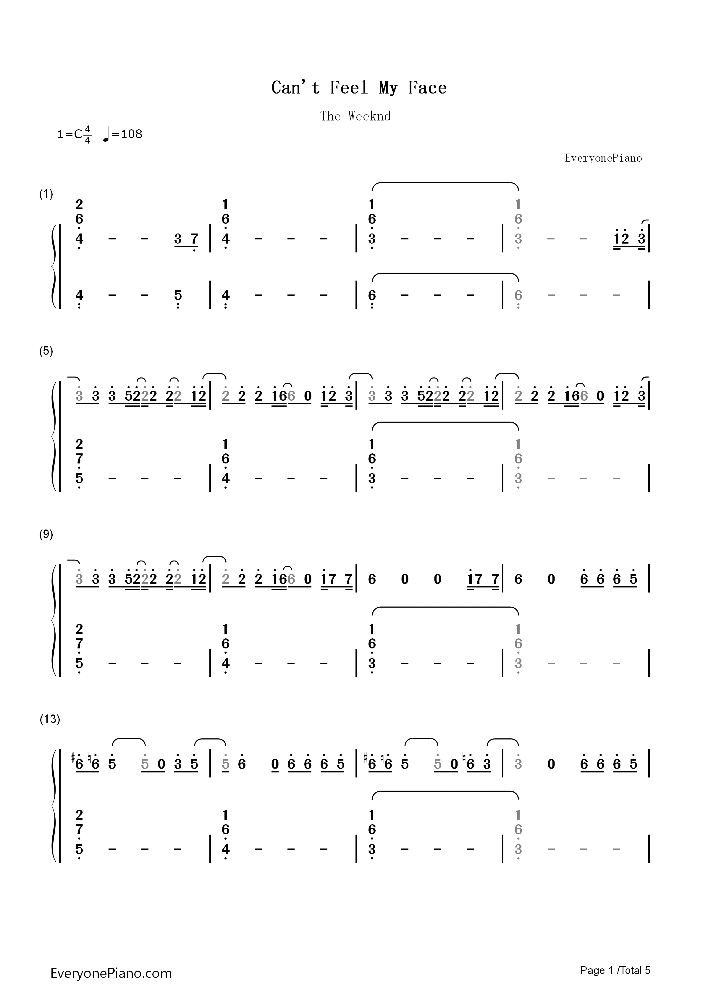 Can't_Feel_My_Face钢琴简谱_The_Weeknd演唱