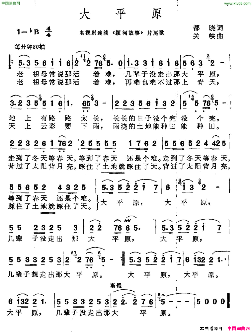 大平原电视剧_颖河故事_片尾曲简谱