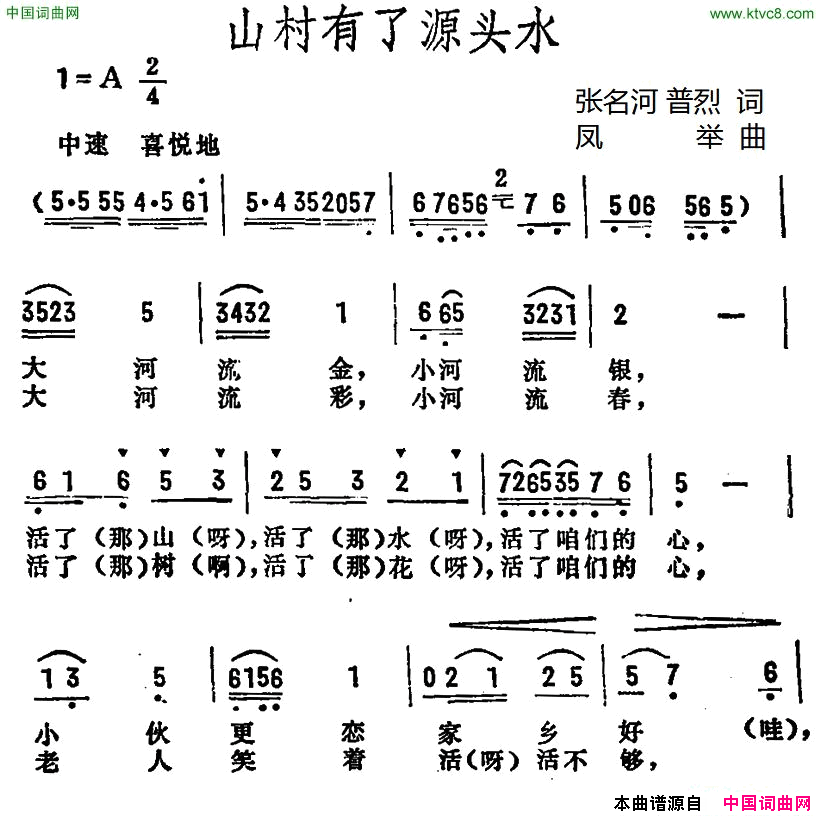 山寨有了源头水简谱_裴晓云演唱_张名河、普烈/凤举词曲