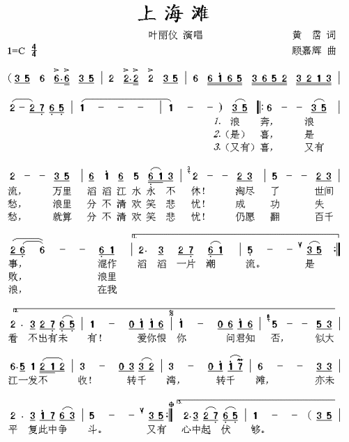 上海滩同名电视剧主题歌、粤语简谱