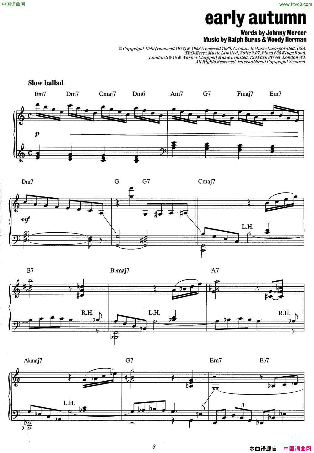 EarlyAutumn爵士钢琴酒吧独奏钢琴谱Early_Autumn爵士钢琴酒吧独奏钢琴谱简谱
