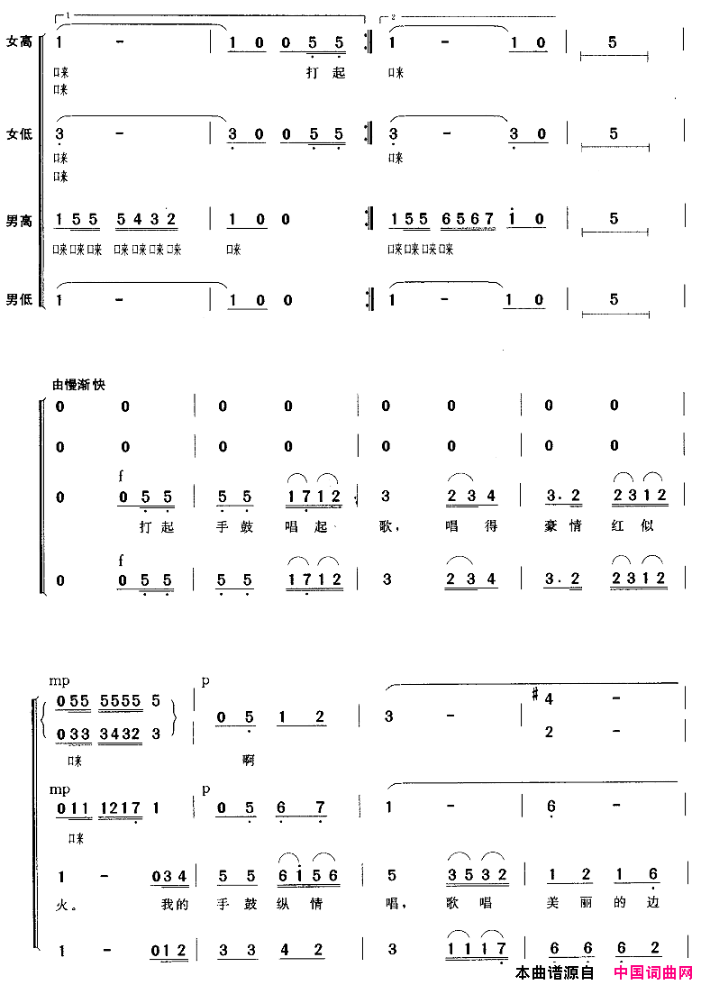 打起手鼓唱起歌混声合唱简谱