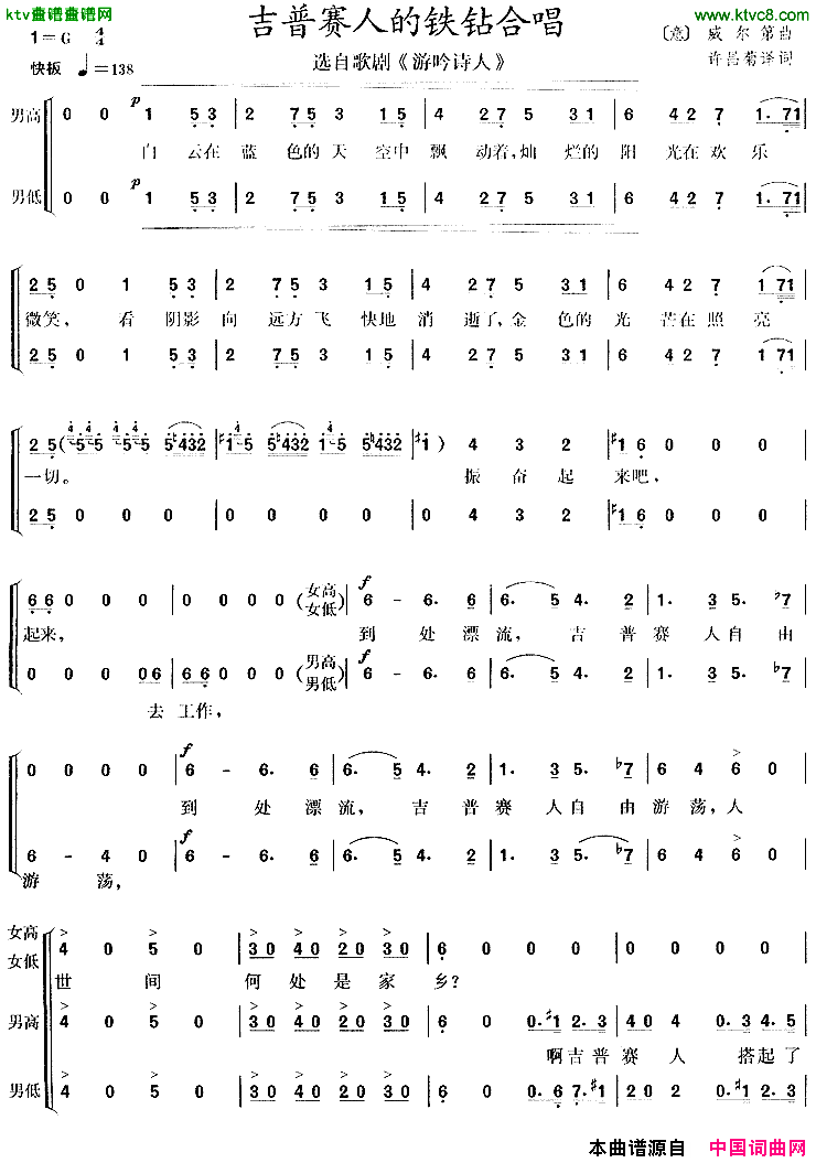 吉普赛人的铁钻合唱歌剧_游吟诗人_选曲[意]简谱