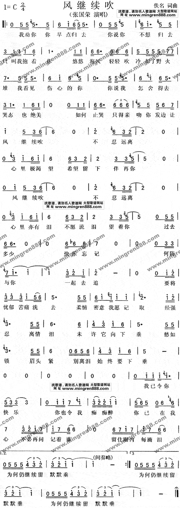 风继续吹_张国荣简谱