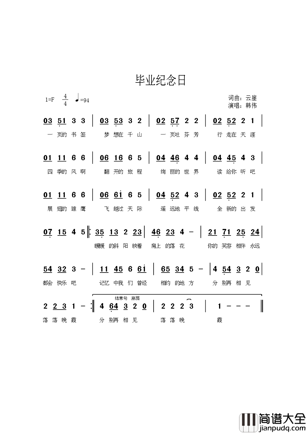 毕业纪念日简谱_韩伟演唱