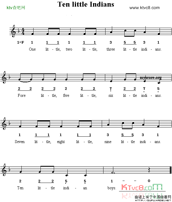 TenlittleIndians线简谱混排版、英文儿歌简谱