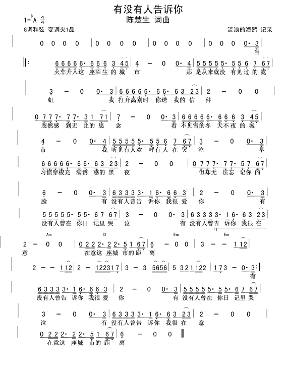 有没有告诉你_陈楚生简谱