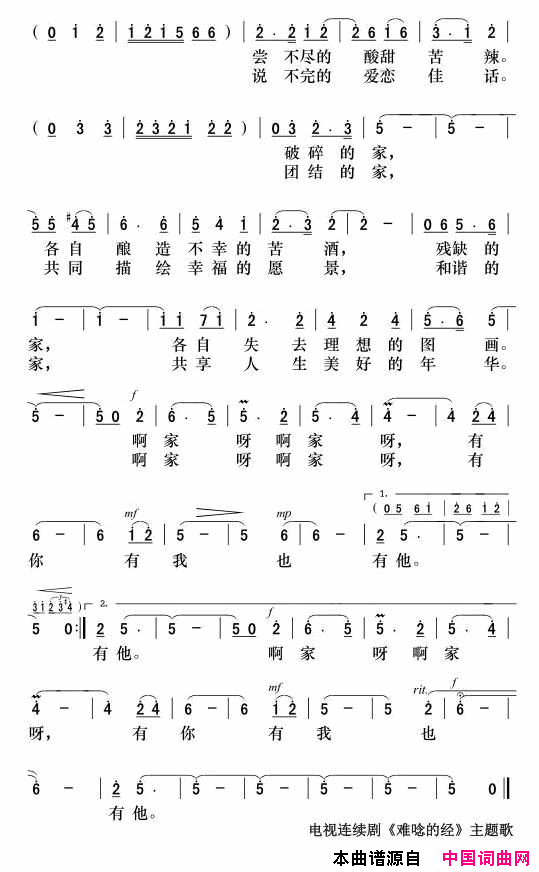 家啊家电视剧_难念的经_主题歌简谱