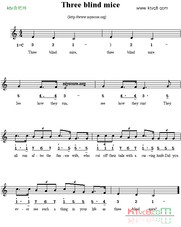 Threeblindmice线简谱混排版、英文儿歌简谱