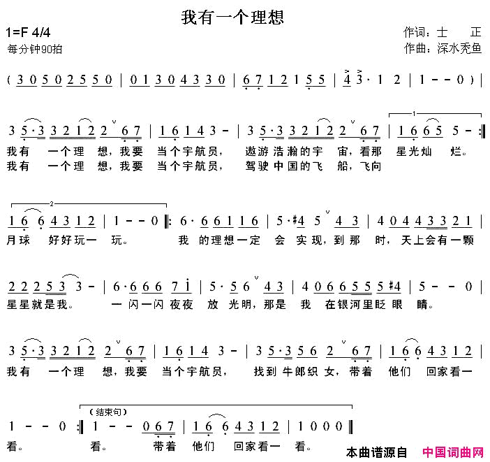 我有一个理想士正词深水曲简谱