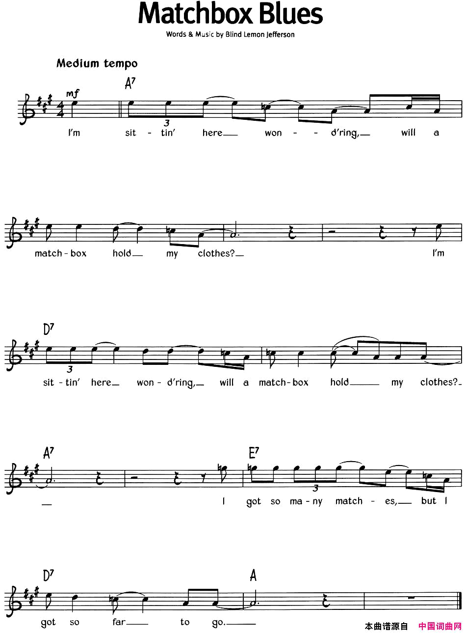 蓝调音乐：MatchboxBlues简谱