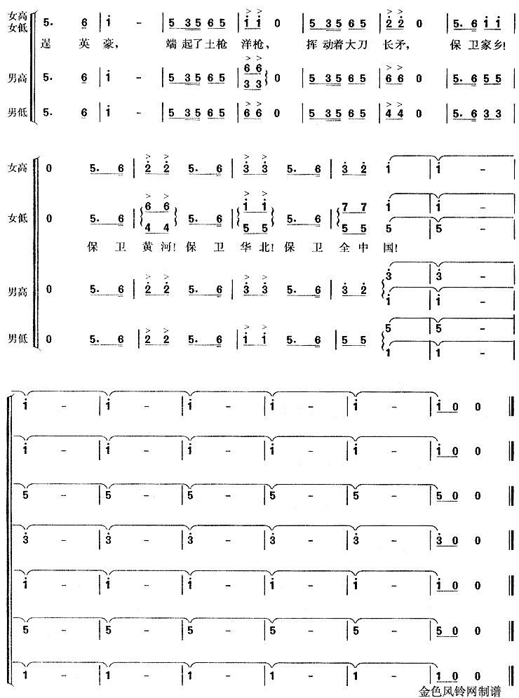 保卫黄河合唱歌谱简谱