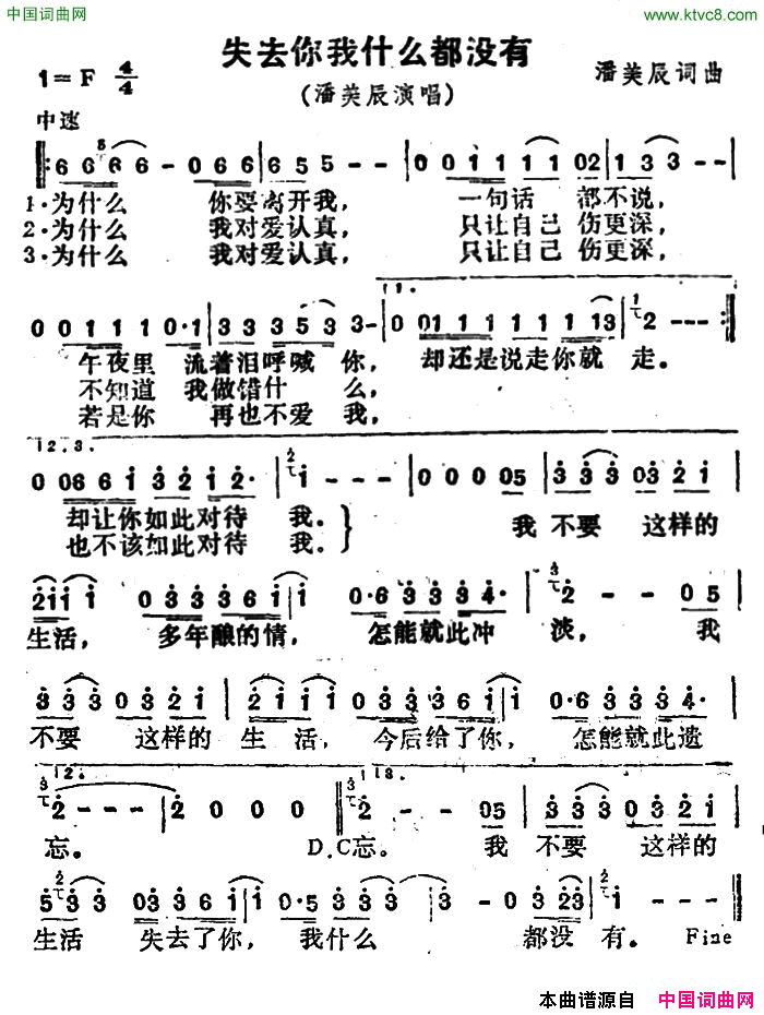 失去你我什么都没有简谱_潘美辰演唱_潘美辰/潘美辰词曲