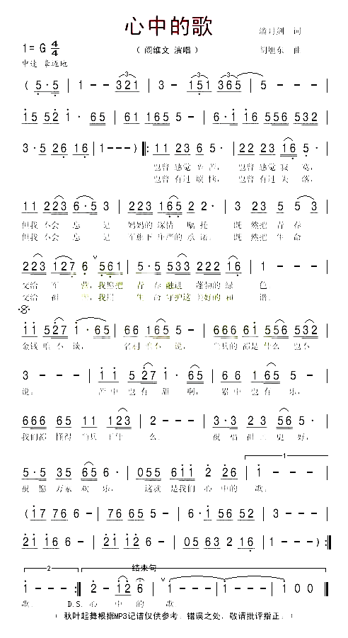 心中的歌简谱_阎维文演唱