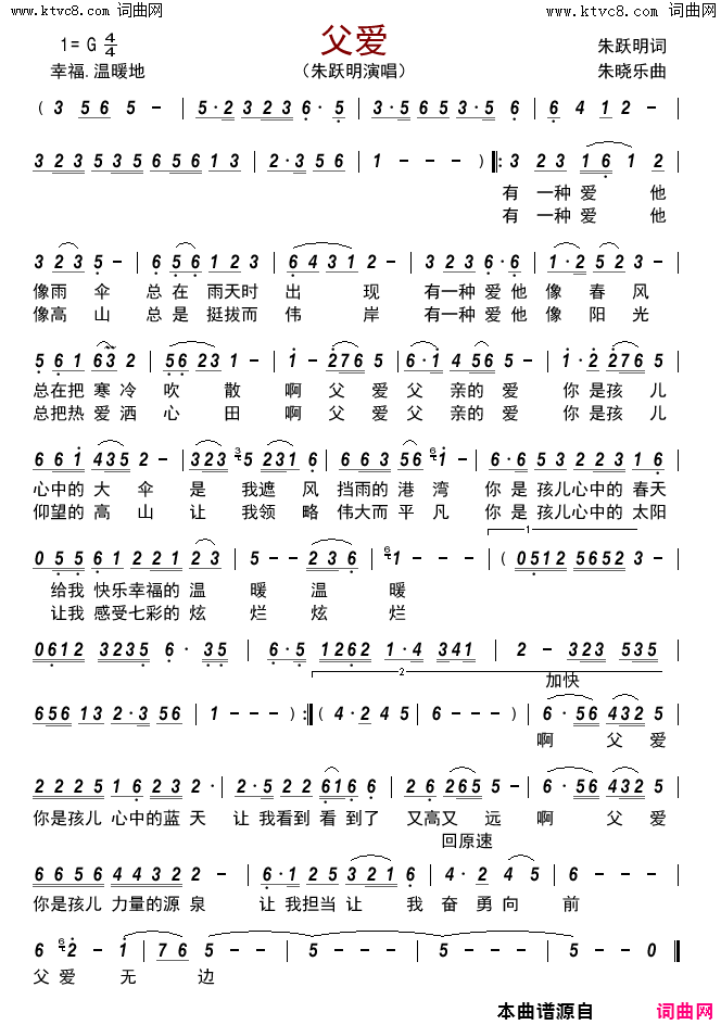 父爱简谱_朱跃明演唱_朱跃明/朱晓乐词曲