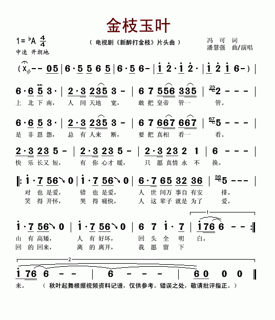 金枝玉叶电视剧_新醉打金枝_片头曲简谱_潘慧强演唱