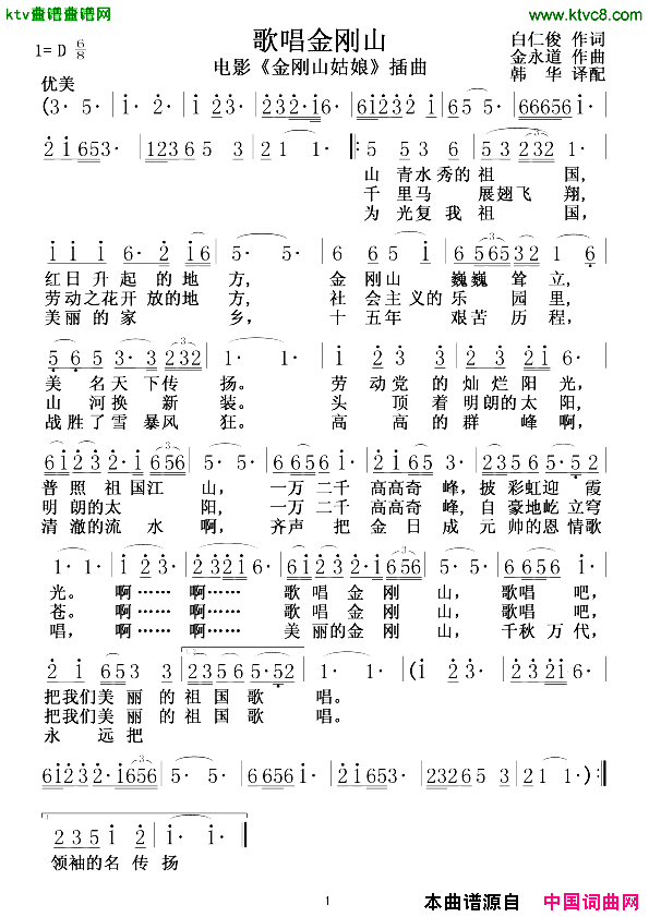 歌唱金刚山[朝鲜]简谱