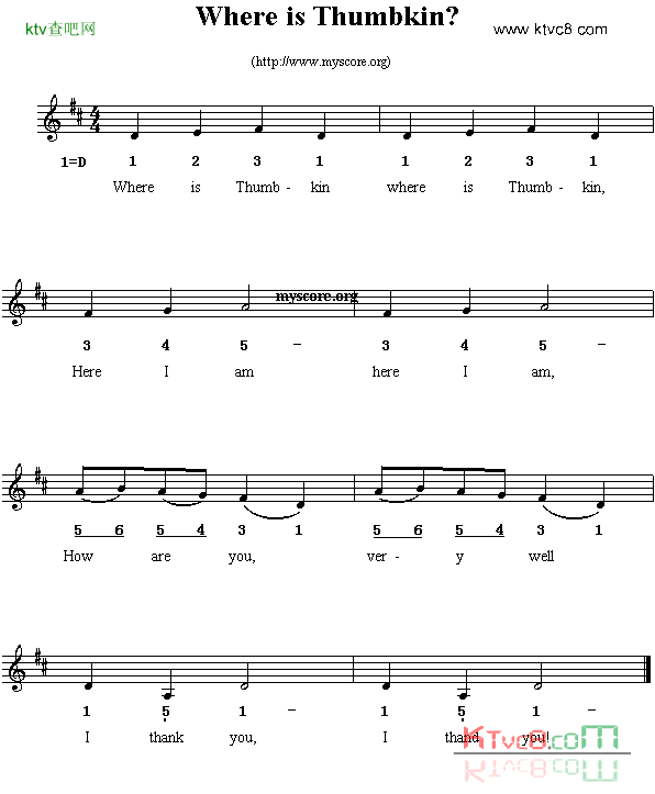 WhereisThumbkin线简谱混排版、英文儿歌简谱