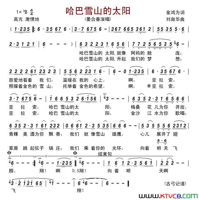 哈巴雪山的太阳简谱_晏合春演唱_金鸿为/刘自华词曲