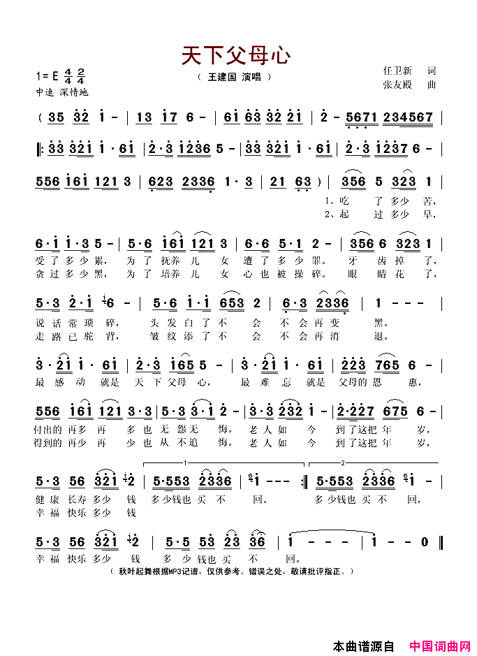 天下父母心简谱_王建国演唱_任卫新/张友殿词曲