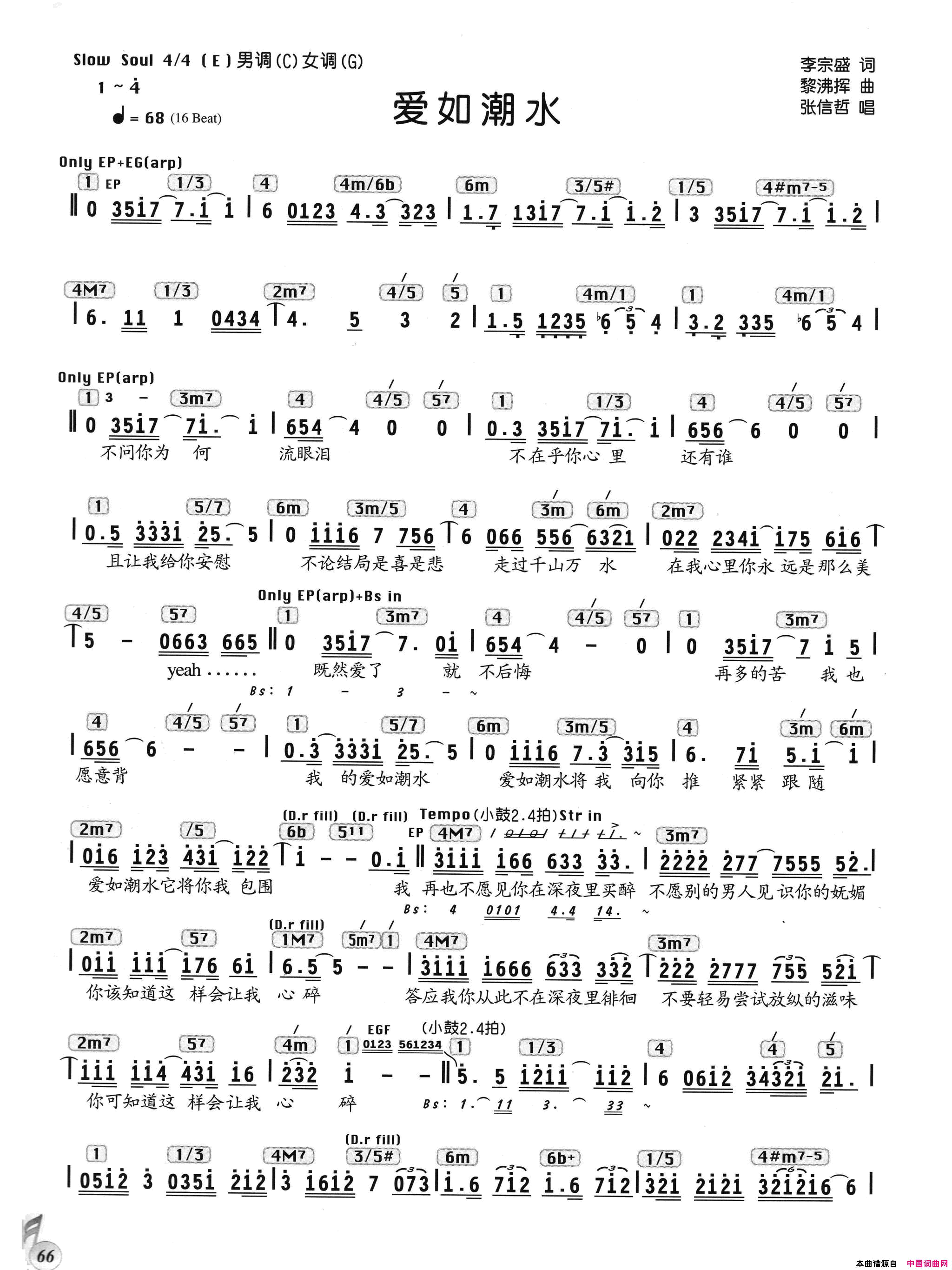 爱如潮水编配乐谱简谱_张信哲演唱_李宗盛/黎沸挥词曲