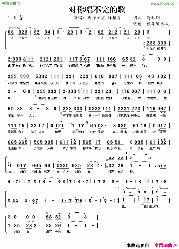 对你唱不完的歌简谱_杨梓文祺演唱_蒋林刚/蒋林刚词曲