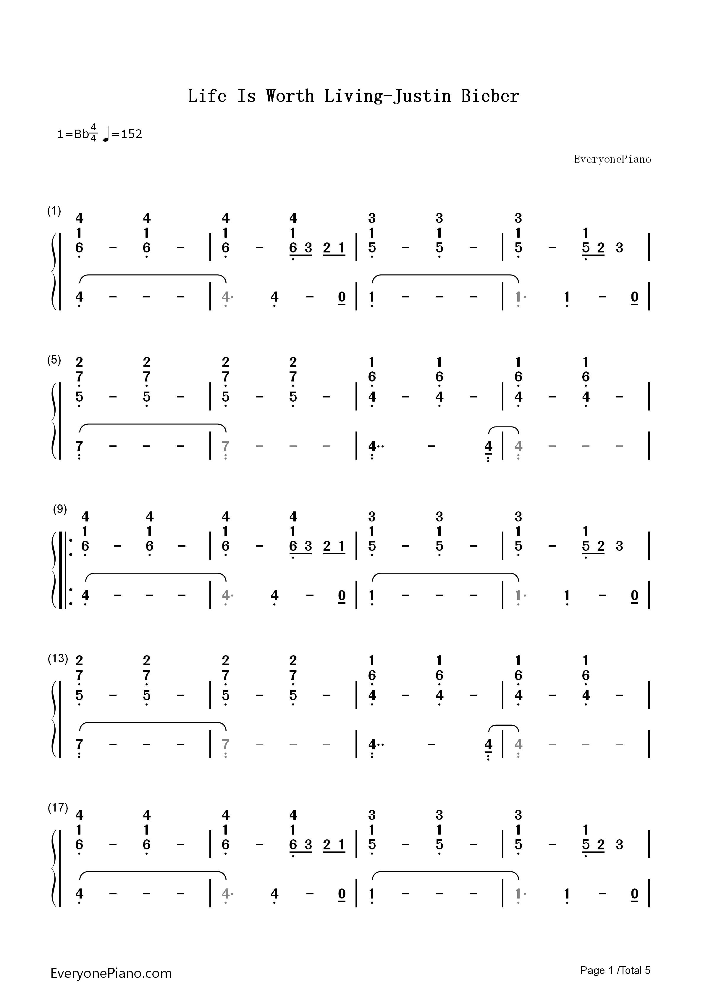 Life_Is_Worth_Living钢琴简谱_贾斯汀•比伯演唱