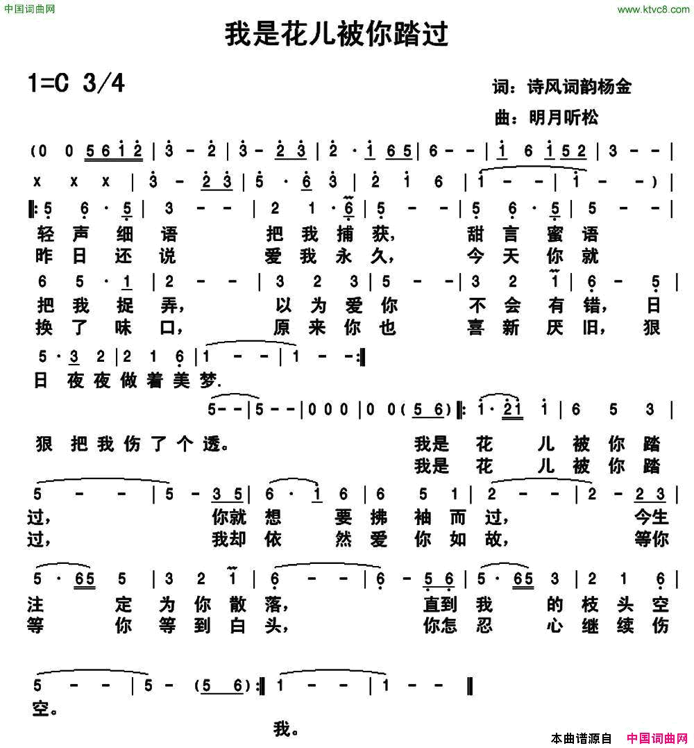 我是花儿被你踏过简谱_竹风紫藤演唱_杨金/明月听松词曲