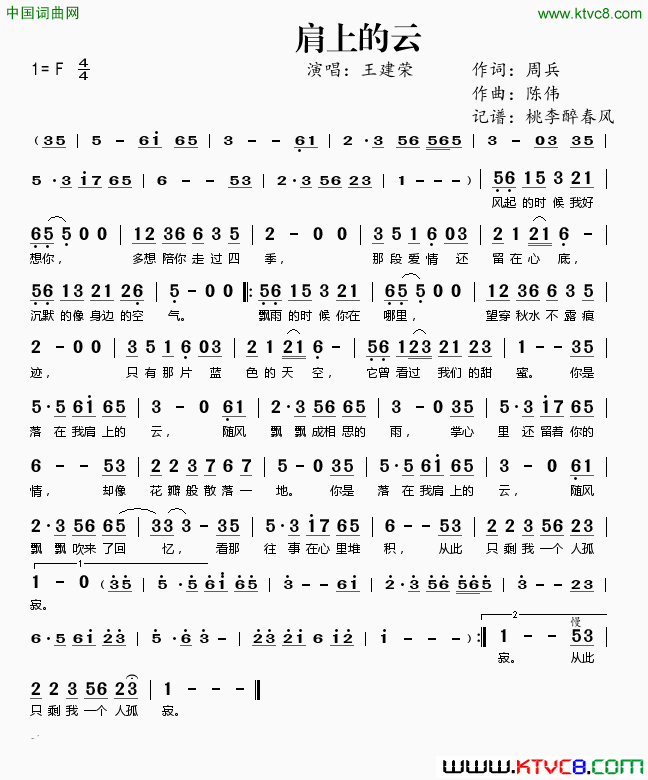 肩上的云简谱_王建荣演唱_周兵/陈伟词曲