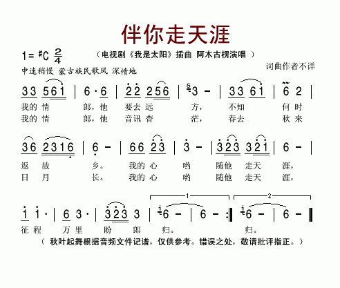 伴你走天涯电视剧_我是太阳_插曲简谱_阿木古愣演唱