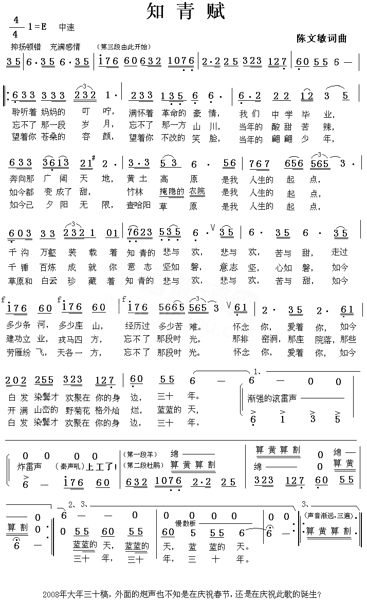 知青赋简谱_陈文敏演唱