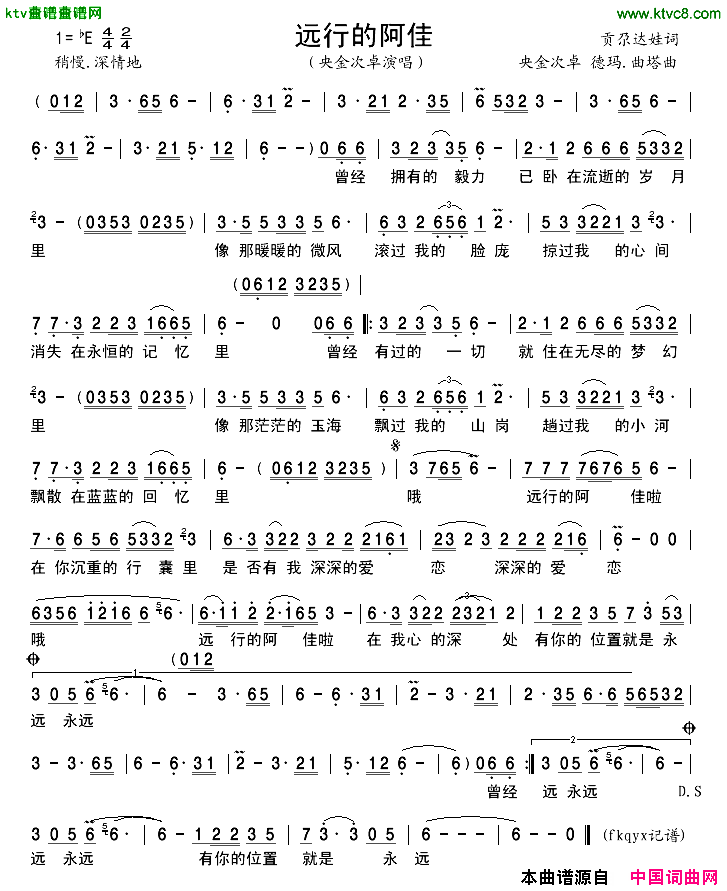 远行的阿佳简谱_央金次卓演唱