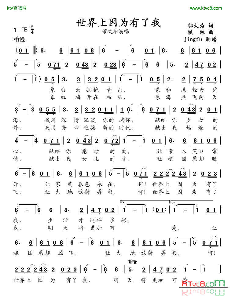 世界上因为有了我简谱_董文华演唱