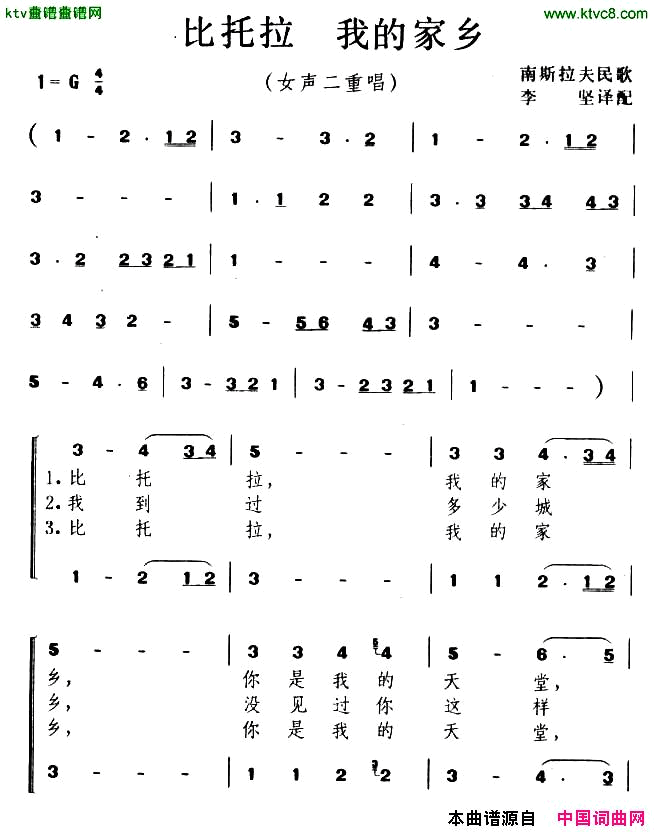 比托拉，我的家乡[前南斯拉夫]简谱