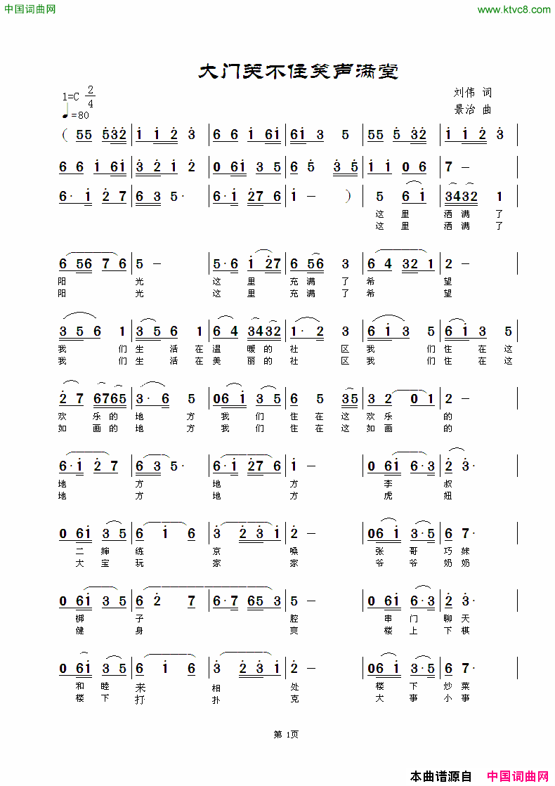 大门关不住笑声满堂简谱_闻梵演唱_刘伟/范景治词曲