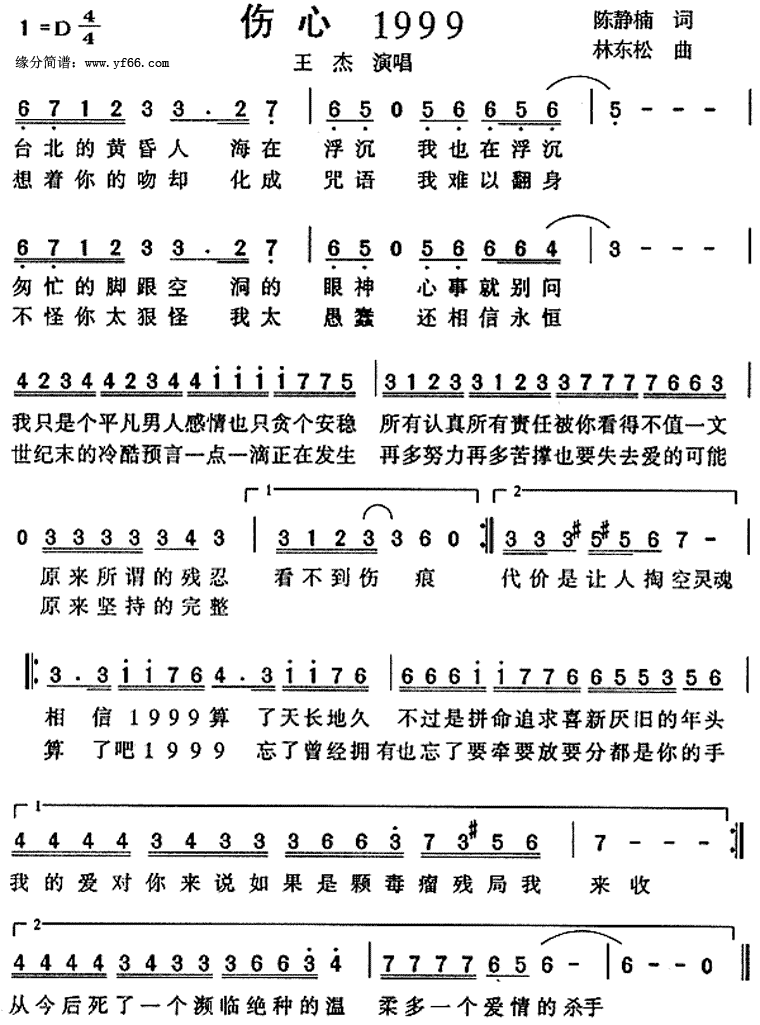 伤心1999简谱_王杰演唱