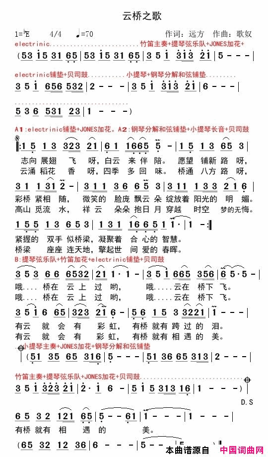 远方:云桥之歌曲谱简谱_小琢演唱_远方/歌奴词曲