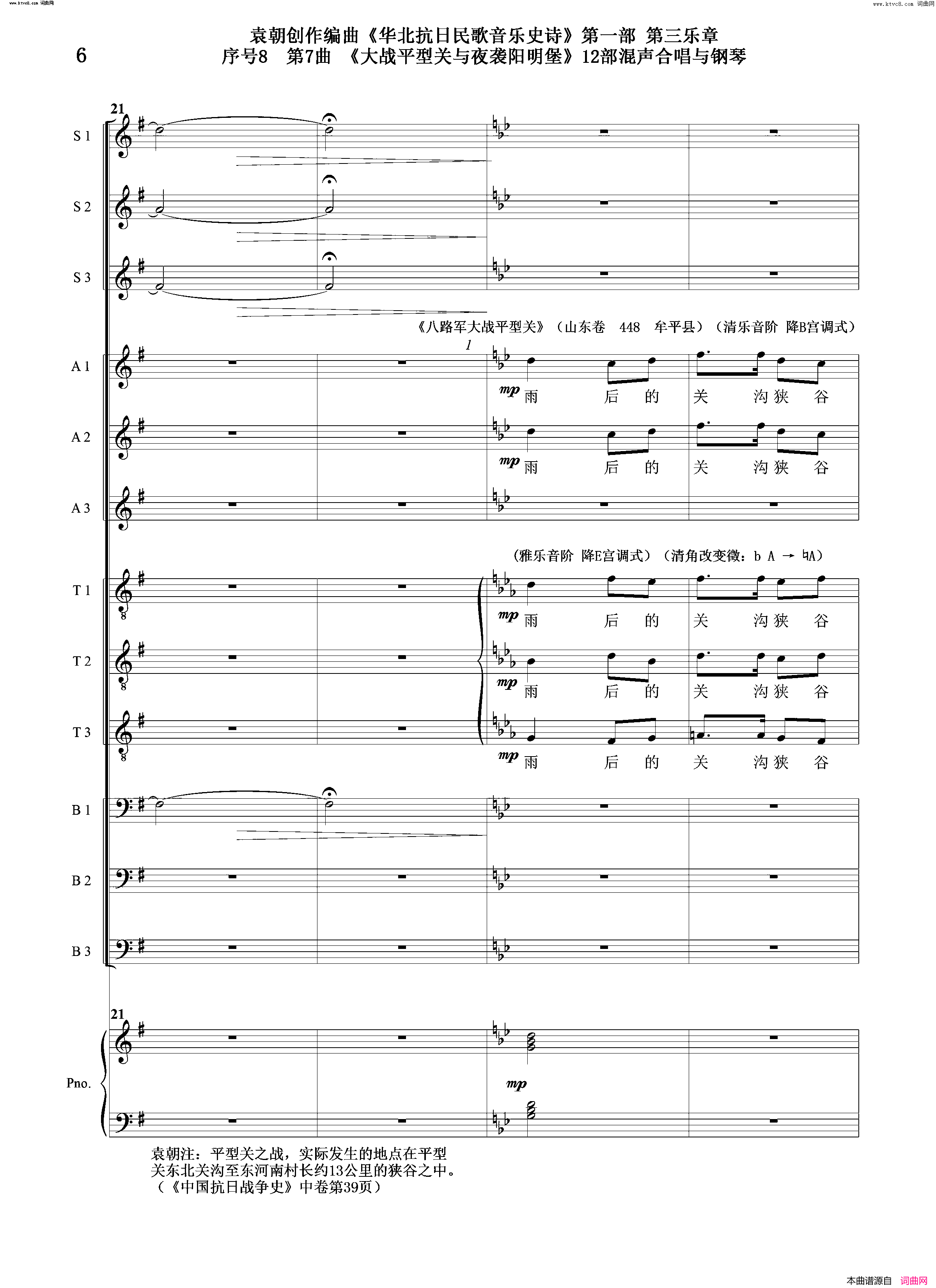 大战平型关与夜袭阳明堡序号8第7曲Ⅰ合唱团与钢琴简谱