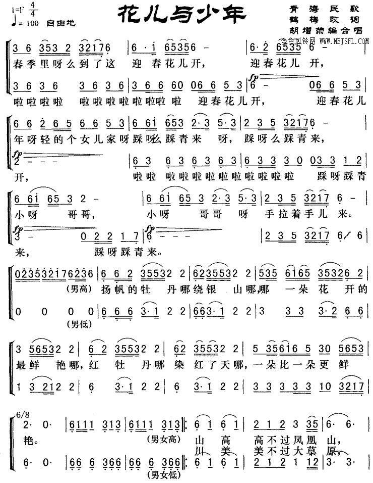 花儿与少年合唱乐谱简谱