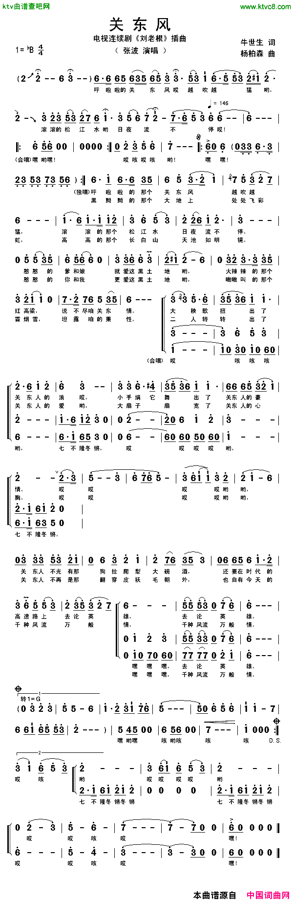 关东风简谱_张波演唱