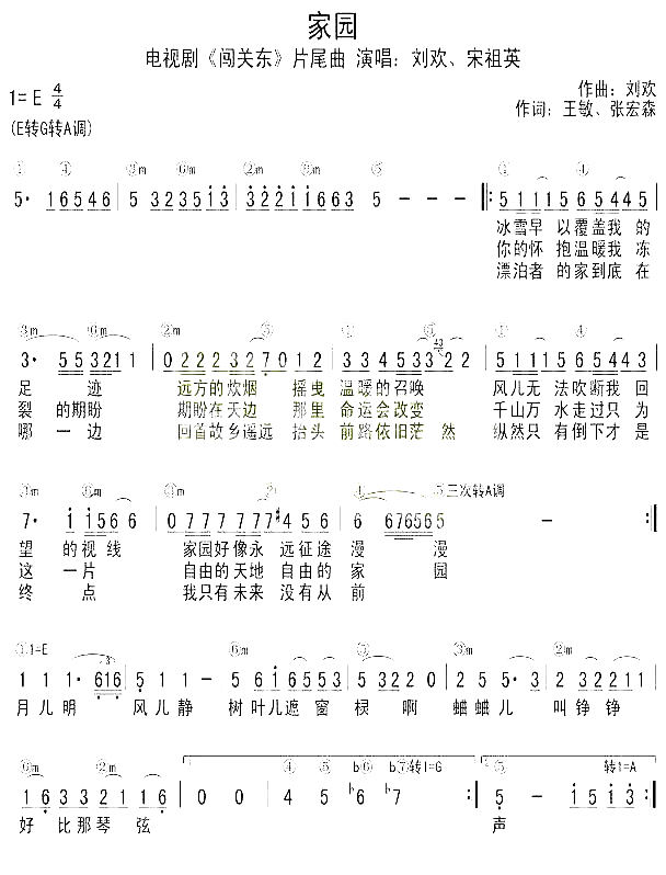 家园_闯关东_片尾曲简谱_刘欢演唱