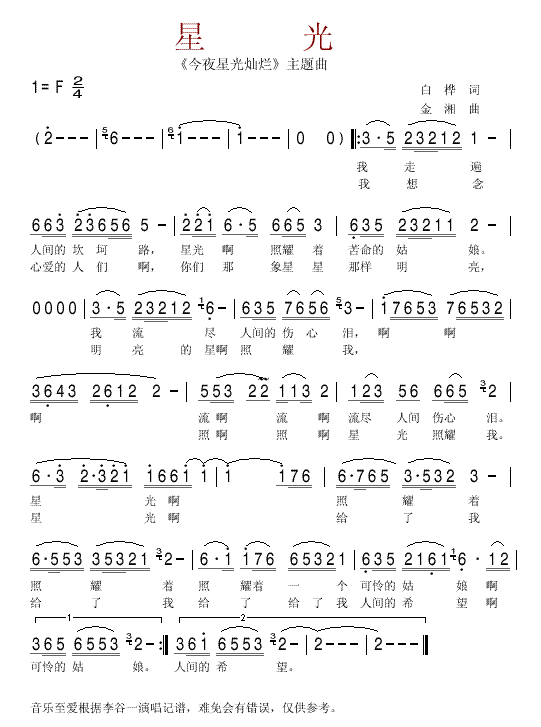 星光_今夜星光灿烂_主题曲简谱_李谷一演唱