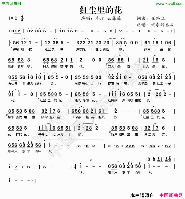 红尘里的花简谱_冷漠演唱_崔伟立/崔伟立词曲