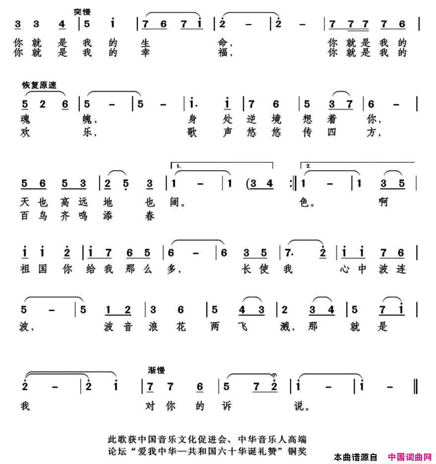 祖国，我对你诉说简谱_戴辉旭演唱_梁上泉/戴建华词曲