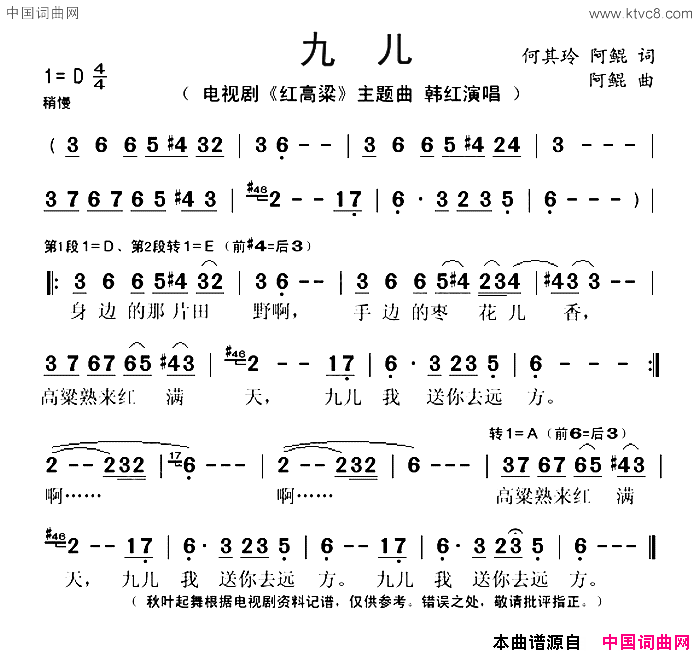 九儿电视剧_红高粱_主题曲简谱_韩红演唱_何其玲、阿鲲/阿鲲词曲