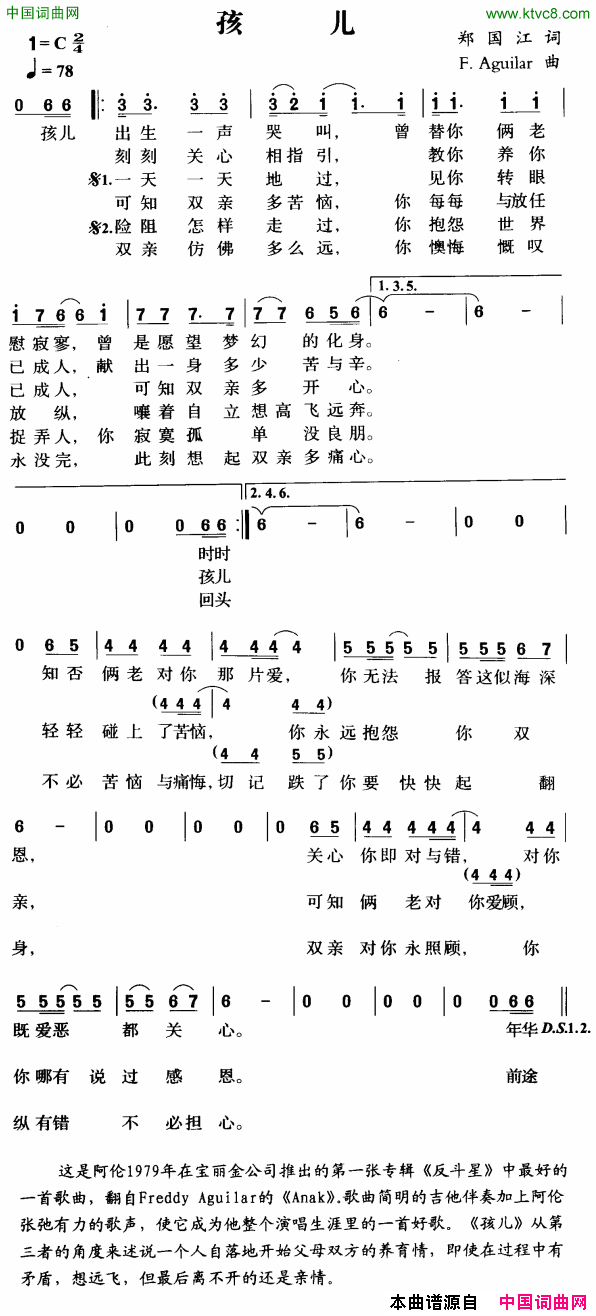 孩儿简谱_谭咏麟演唱_郑国江/F·Aguilar词曲